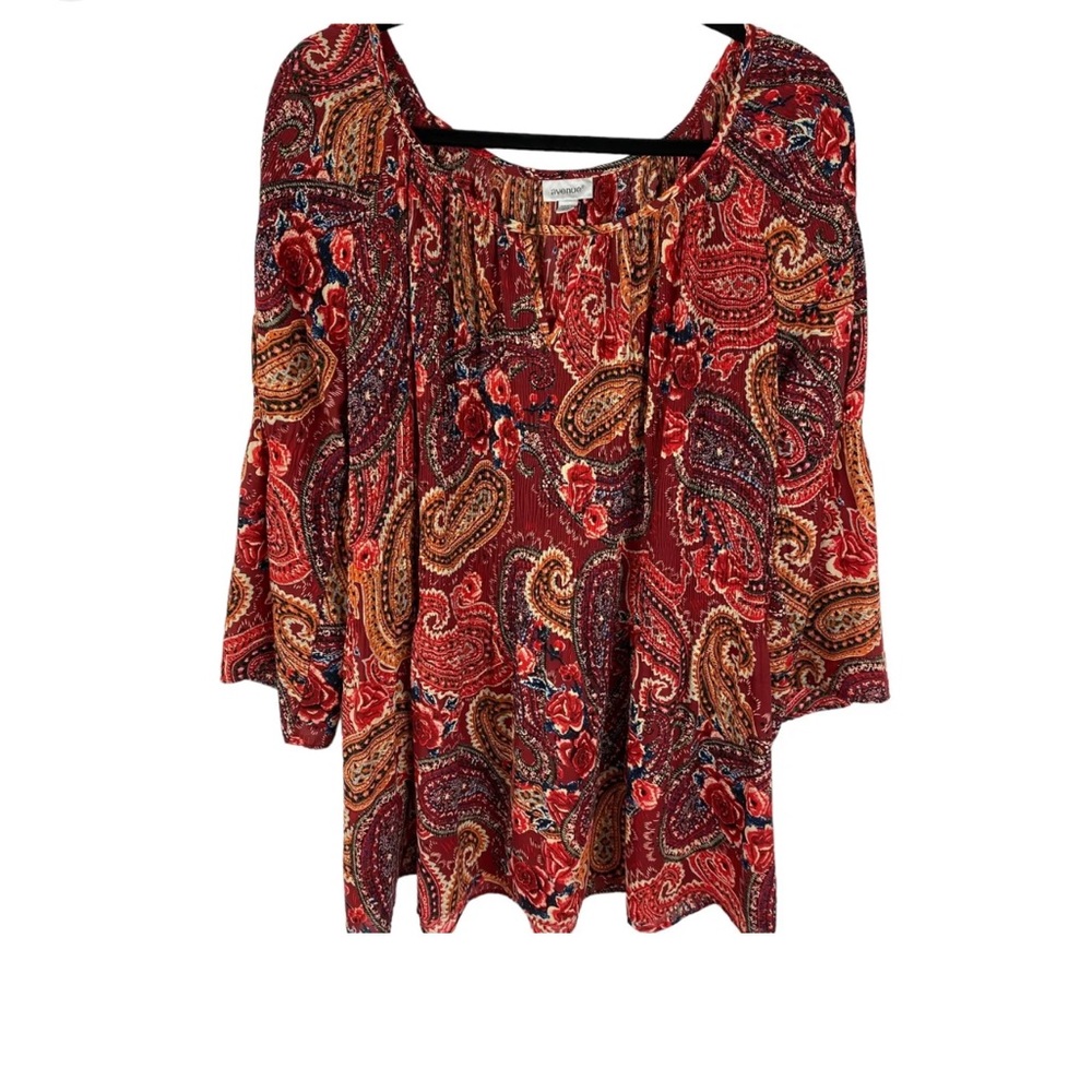 Avenue Ribbed Blouse Top Size 18/20 Red/Orange Print 1X Women's Plus